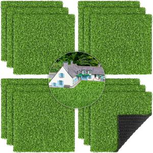 Aodaer 48 Pack Artificial Grass Mat 12 x 12 Inch Fake Grass Square Mat Synthetic Turf Patch Tiles with Drainage Hole for DIY Decoration Balcony Patio Chicken Nesting, Spring Green