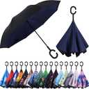 Inverted Umbrella, 49 Inch Double-Layer Vented Reverse Umbrella, Windproof Waterproof UV Protection, Lightweight C-Handle, Fiberglass Ribs, Steel Shaft, Travel/Commute/Car Use, With Sleeve (Navy-1)