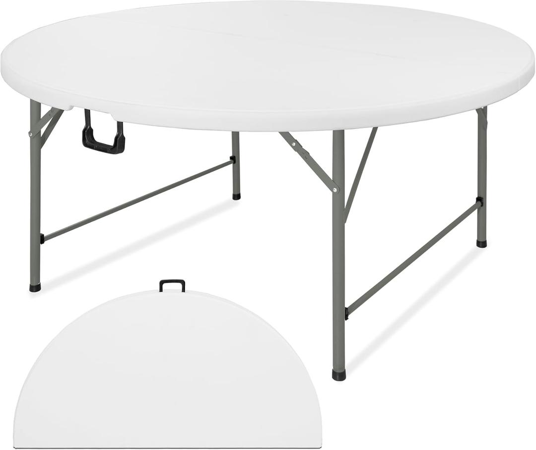 5 FT Round Folding Tables with Carrying Handle 60 inch Heavy Duty Portable Plastic Commercial Table Steel Legs for Party, Dining, Wedding, Events, Picnic Indoor, Outdoor (White, Pack of 1)