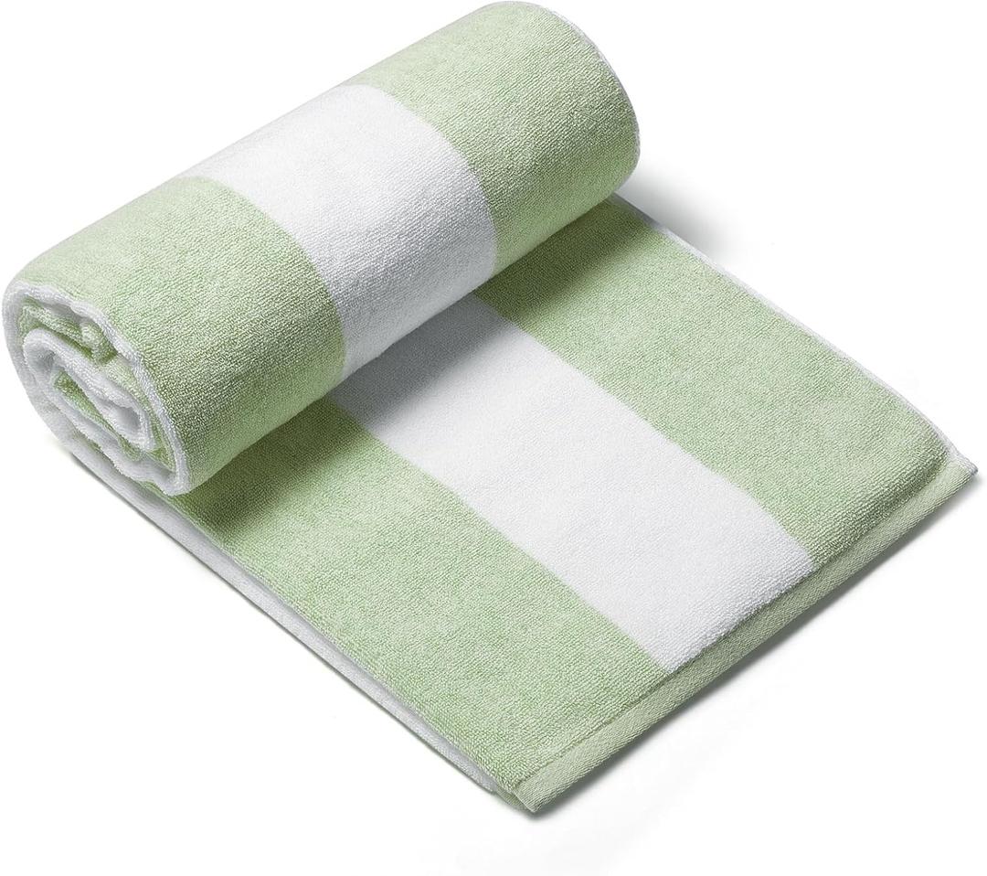 CLOWOOD Plush Oversized Beach Towel - Cotton 40 x 72 Inch Large Thick Grass Green Striped Cabana Pool Swimming Towel