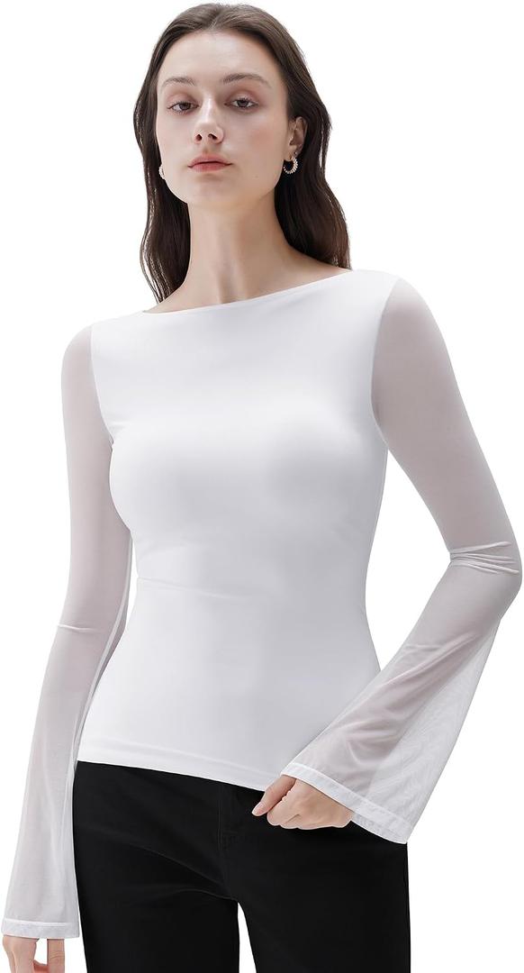 SUUKSESS Women Mesh Sheer Bell Sleeve Tops Double Lined Boat Neck Going Out Shirts (M)