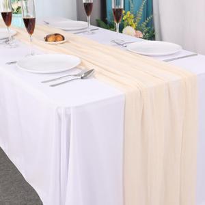 10ft Cheesecloth Table Runner, 3 pcs 120-Inch Boho Gauze Table Runner, Ivory Bubble Gauze Rustic Sheer Fabric for Wedding, Bridal Baby Shower, Spring Party Table Decor