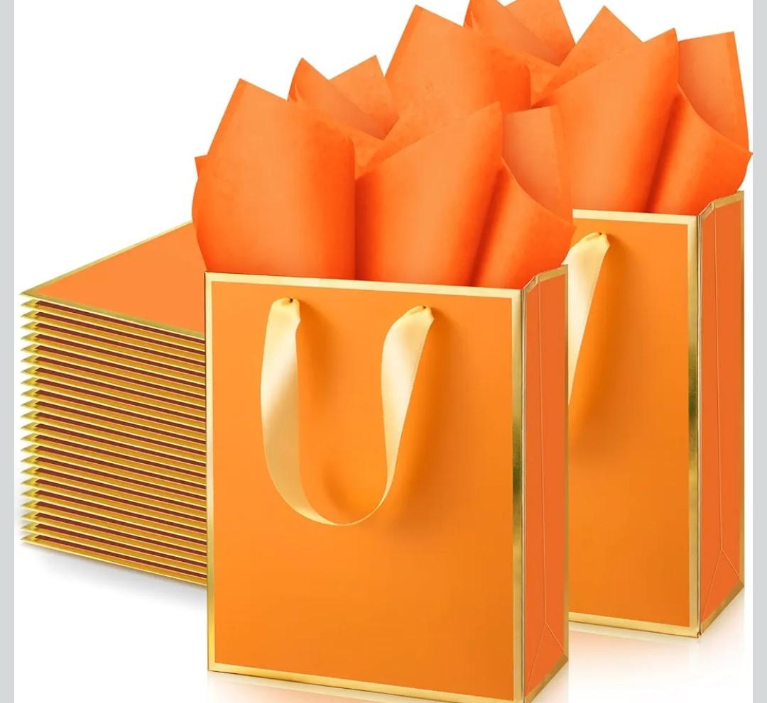 Yeaqee 50 Pack Metallic Gift Bags with Handle and Tissue Paper Gold Foil Thank You Bag for Graduation Wedding Groomsmen Bridal Baby Shower Gifts Holiday Party Favors 9x7x3.15'' (Orange)