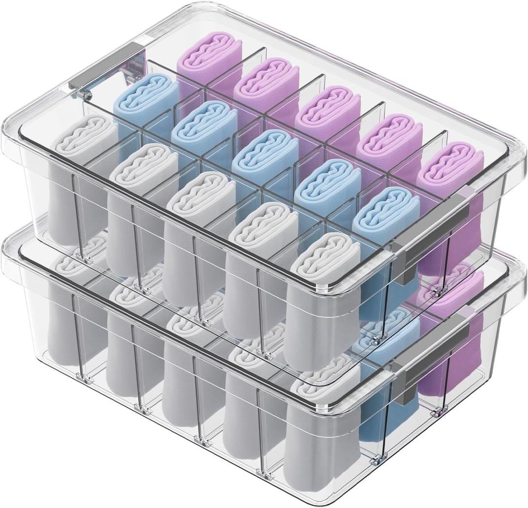 Socks Bra Underwear Drawer Organizer for Closet, 2 PCS Plastic Storage Box with 15 Removable Compartments and Lid, Clear Dresser Drawer Organizer Storage Container with Dividers for Sock Ties Belts