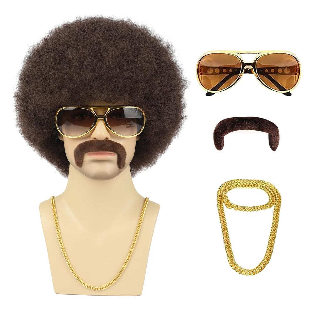 Men Afro Wig With Glasses Necklace Mustache and Wig Cap 70s Brown Natural Fluffy Afro Disco Wig Curly Synthetic Hair Wig for Halloween Chrismas Cosplay Party