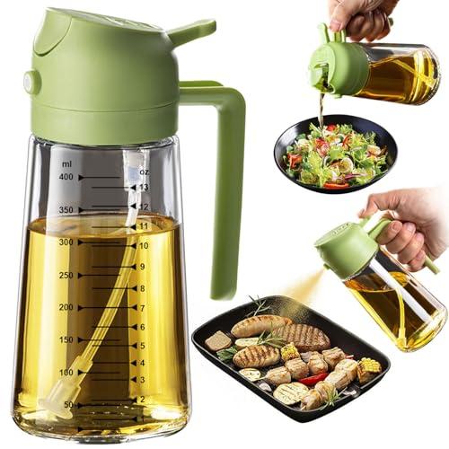 TrendPlain 16oz/470ml Glass Olive Oil Sprayer for Cooking – 2 in 1 Olive Oil Dispenser Bottle for Kitchen Gadgets and Air Fryer Accessories, Salad, BBQ - Green