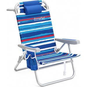SUNNYFEEL High Seat Beach Chair for Adults, High Back 5-Position Lay Flat Reclining Beach Chair with Detachable Cooler Bag, Folding Beach Chair with Cup Holder, Heavy Duty 360 LBS, 1-pack