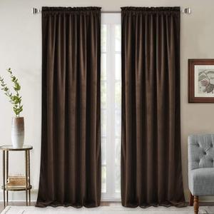 StangH 90 inch Length Brown Curtains Light Blocking Velvet Window Drapes for Dining Room, Farmhouse Rod Pocket Thermal Insulated Panels for Bedroom, W52 x L90, 2 Panels