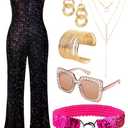 SOMSOC 70s Disco Jumpsuit Costumes Women Fashion Disco Accessories for Halloween Necklace Earrings Bracelet Glasses Belt (Small)
