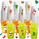 Qinyoung 120 Pieces Christmas Plastic Cups Bulk 12 oz Xmas Party Disposable Cups Set Clear Plastic Cups Packs Santa Snowman Tree Gingerman Design for Christmas Holiday Dinner Party Favors