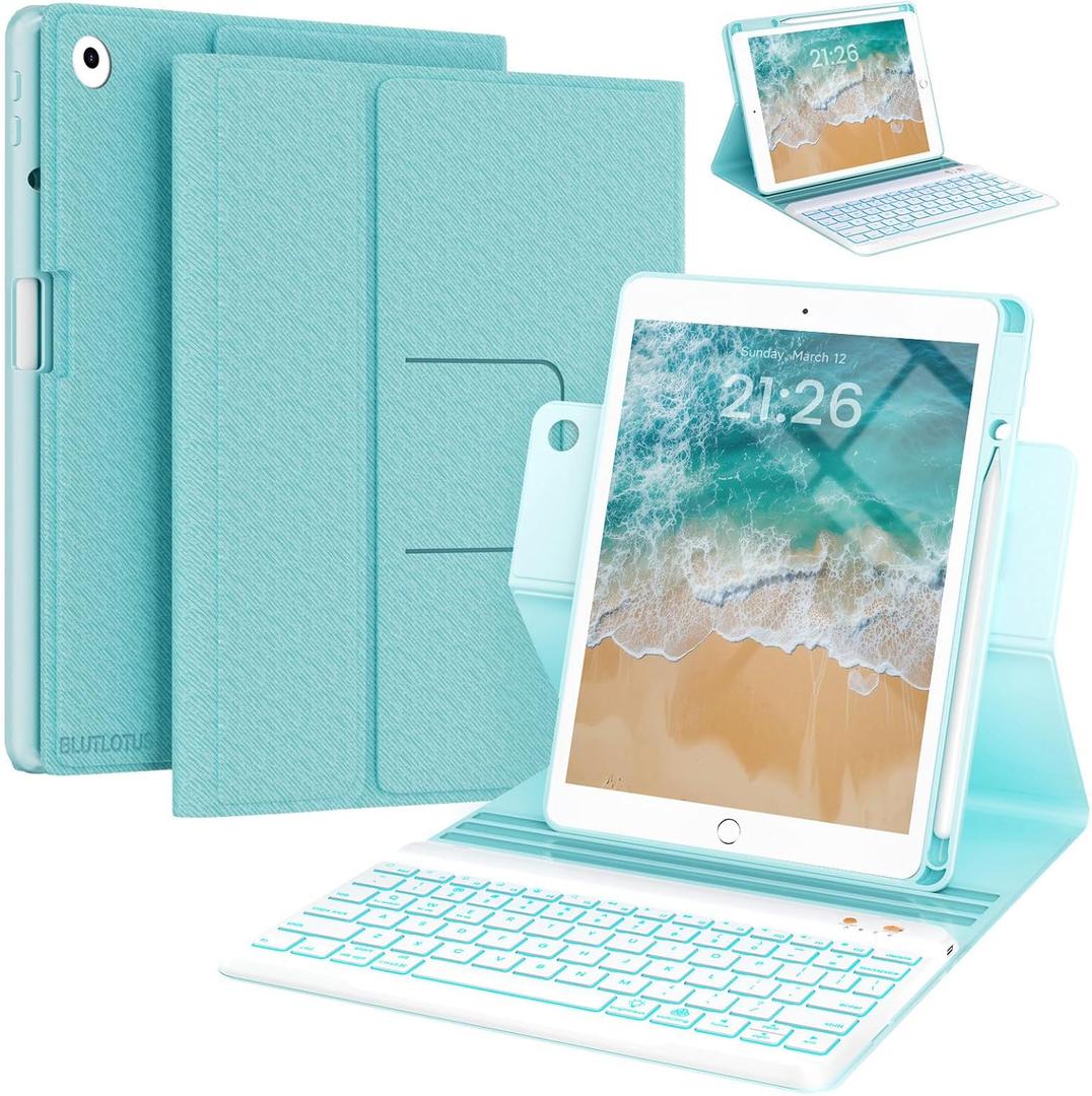 Keyboard Case for iPad 9.7 inch 5th 6th Generation,360 Rotatable iPad Air 2 Keyboard Case with Pencil Holder(2018/2017/2014),7 Color Backlit Bluetooth Keyboard Smart Folio Tablet Cover (Lake Blue)