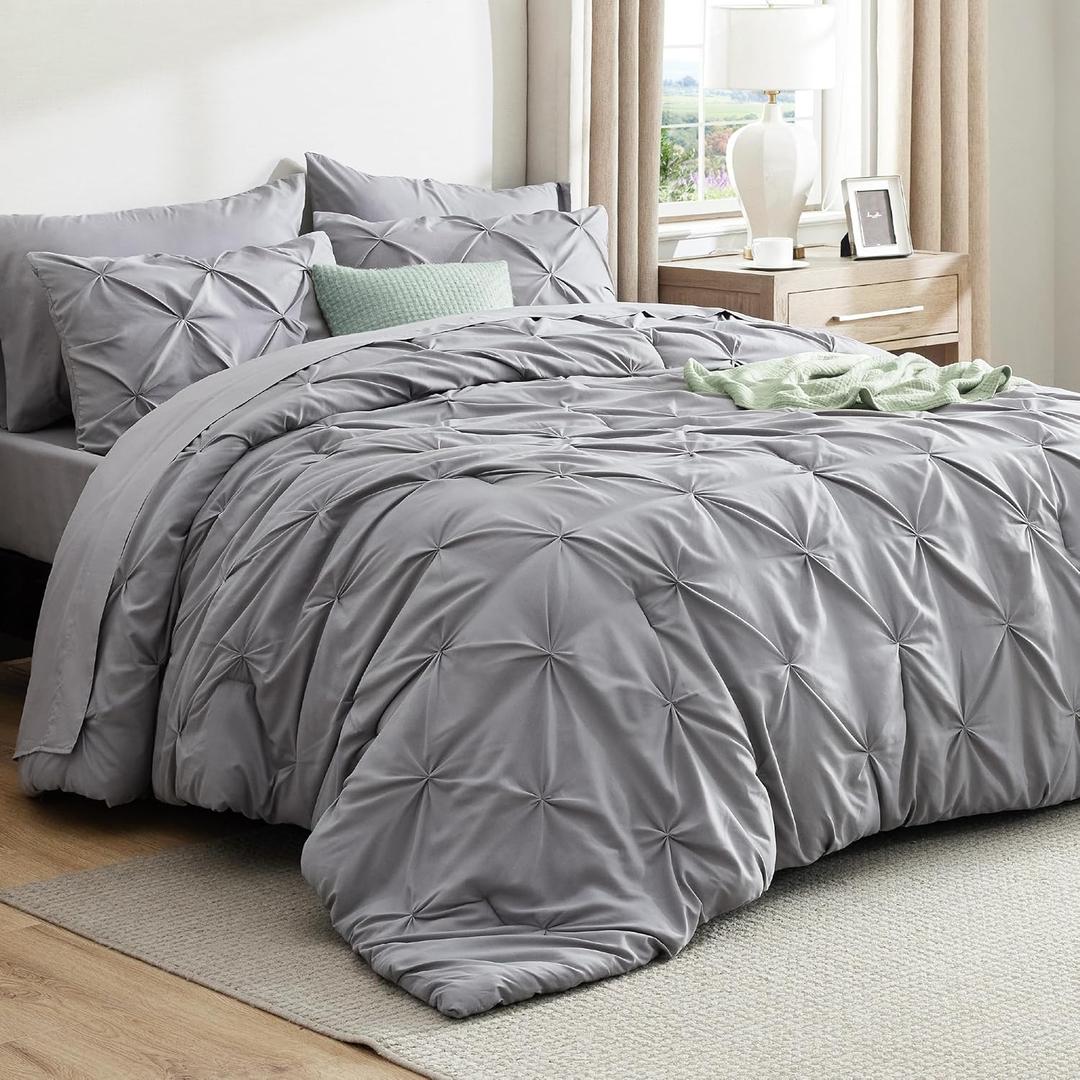 Bedsure Oversized King Comforter Set Grey - Bed in a Bag Bedding Set 7 Pieces, GentleSoft Pintuck Bed Set Gift for Family, Pinch Pleat Grey Comforter with Sheets, Pillowcases & Shams