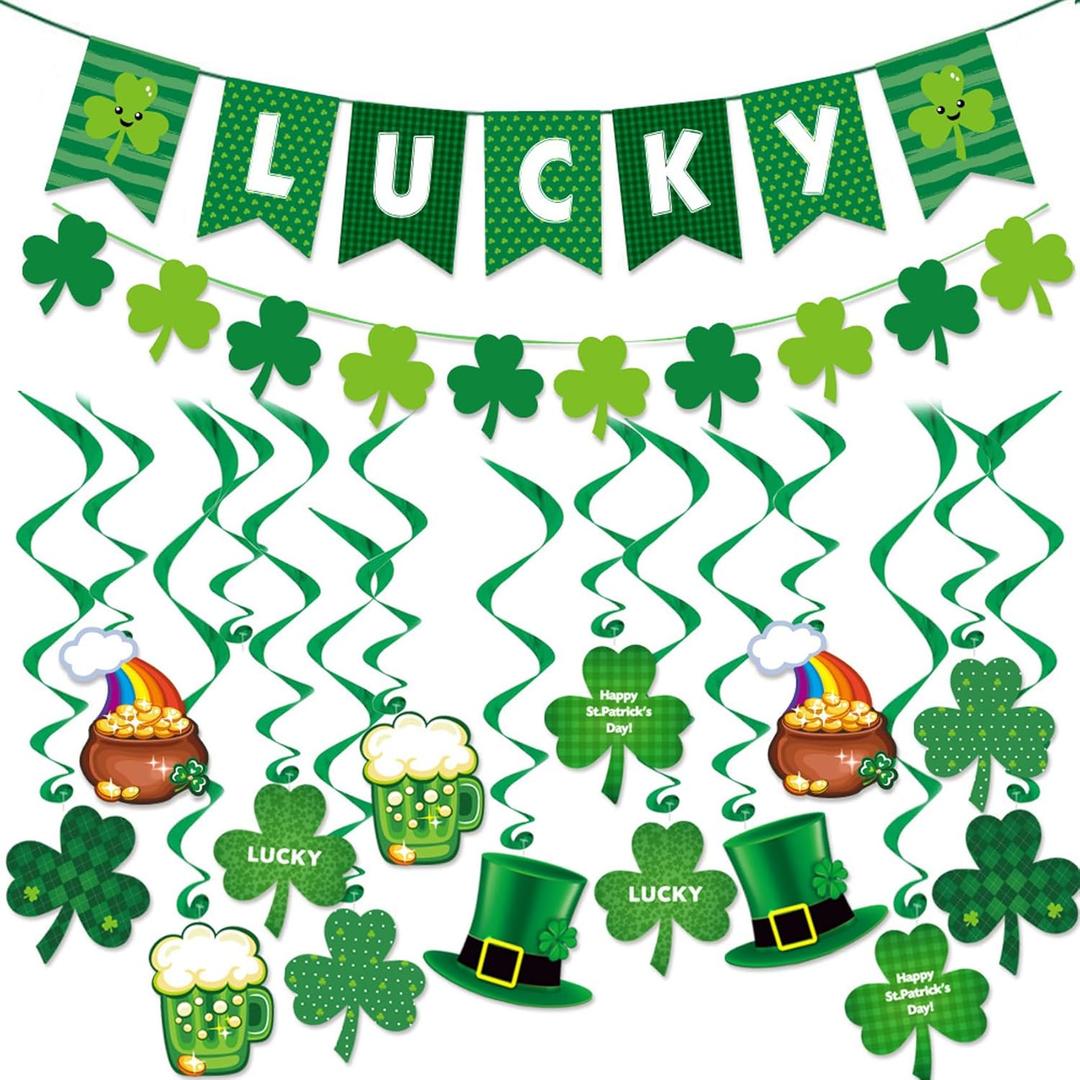UOUYOO St. Patrick's Day Decorations Green Shamrock Lucky Banner Clover Hanging Swirls Garlands for Irish Decor Home Party Favors Supplies
