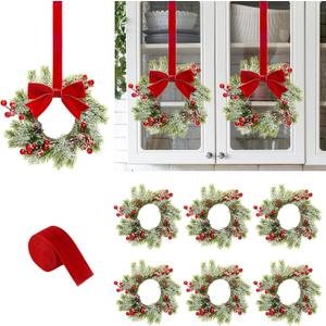 6Pcs 9" Christmas Wreaths Small Christmas Wreaths for Kitchen cabinets Mini Wreaths with Red Ribbon Christmas Candle Ring with Pine Cone, Red Berry & Pine Needle Decor for Christmas Decorations