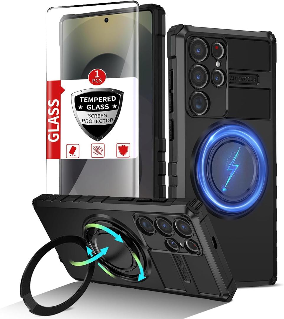 for Samsung Galaxy S25 Ultra Case Compatible Wireless Charging Magnetic,with Screen Protector,for S25Ultra Phone Case with 360Stand Ring Military Grade Shockproof Heavy Duty Protection Black