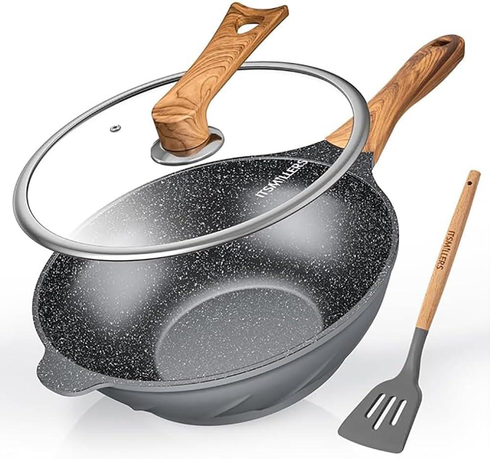 Nonstick Wok and Stir Fry Pan 12.5 inch with Spatula, Die-cast Aluminum Scratch Resistant Healthy Wok with Free-standing Lid