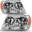SOCKIR Halogen Headlight Assembly Compatible with 1999-2004 Jeep Grand Cherokee WJ Replacement OE Headlamp Driver and Passenger Side Chrome Housing with Amber Reflector