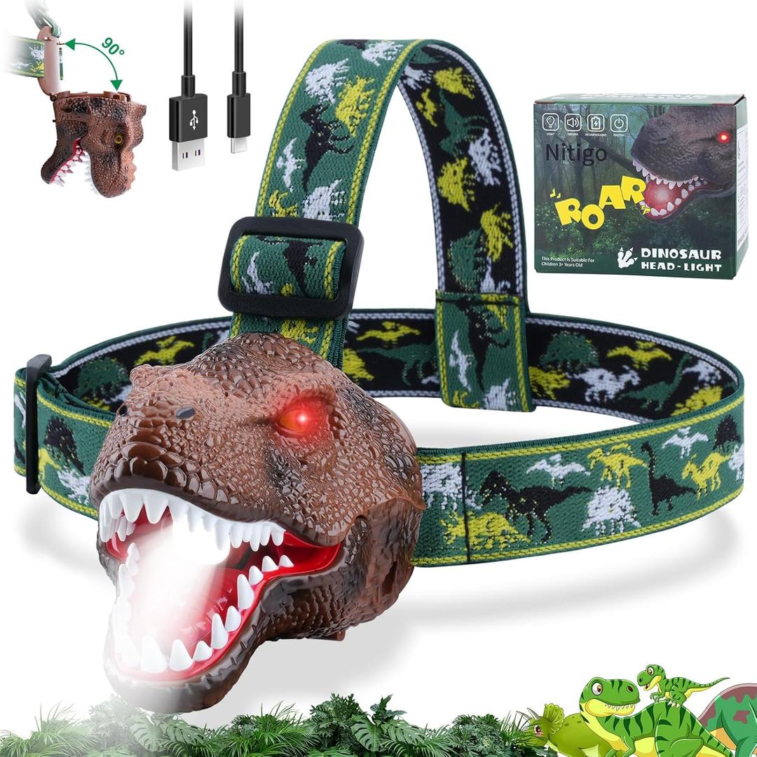 Dinosaur Headlamp for Kids Flashlight Rechargeable Led Headlights Roar & Silent Mode, T-Rex Dinosaur Toys for Kids 3-5 4-6 5-7 6-8, Camping Gear, Easter Gifts for Boys Girls Adults
