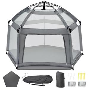 Baby Playpen with Self-Inflating Play Mat & Travel Bag, Portable Outdoor Playpen for Babies and Toddlers, Foldable Pop Up Play Tent for Home, Park, Beach and Camping (Grey)