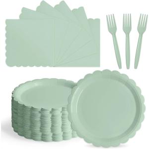105PCS Paper Plates and Napkins Set, 7 Inch Scalloped Disposable Tableware with Forks for Birthdays, Garden Parties & Outdoor Events,Serves 35 (Sage Green)
