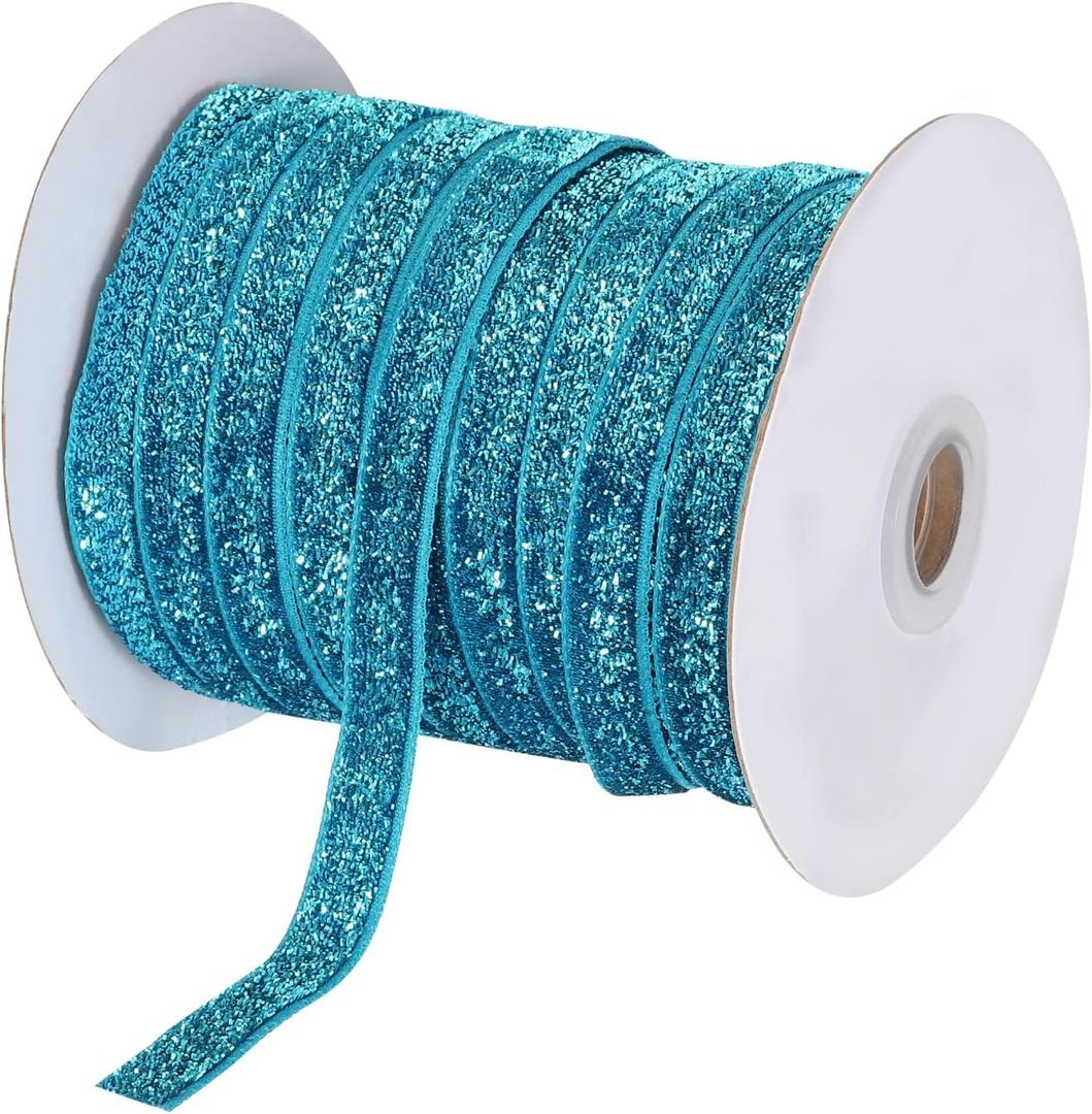 MECCANIXITY Metallic Glitter Velvet Ribbon 3/8 Inch x 50 Yard Single Face Sparkle Ribbon for Christmas DIY Crafts Gift Wrapping Bow Decoration Lake Blue