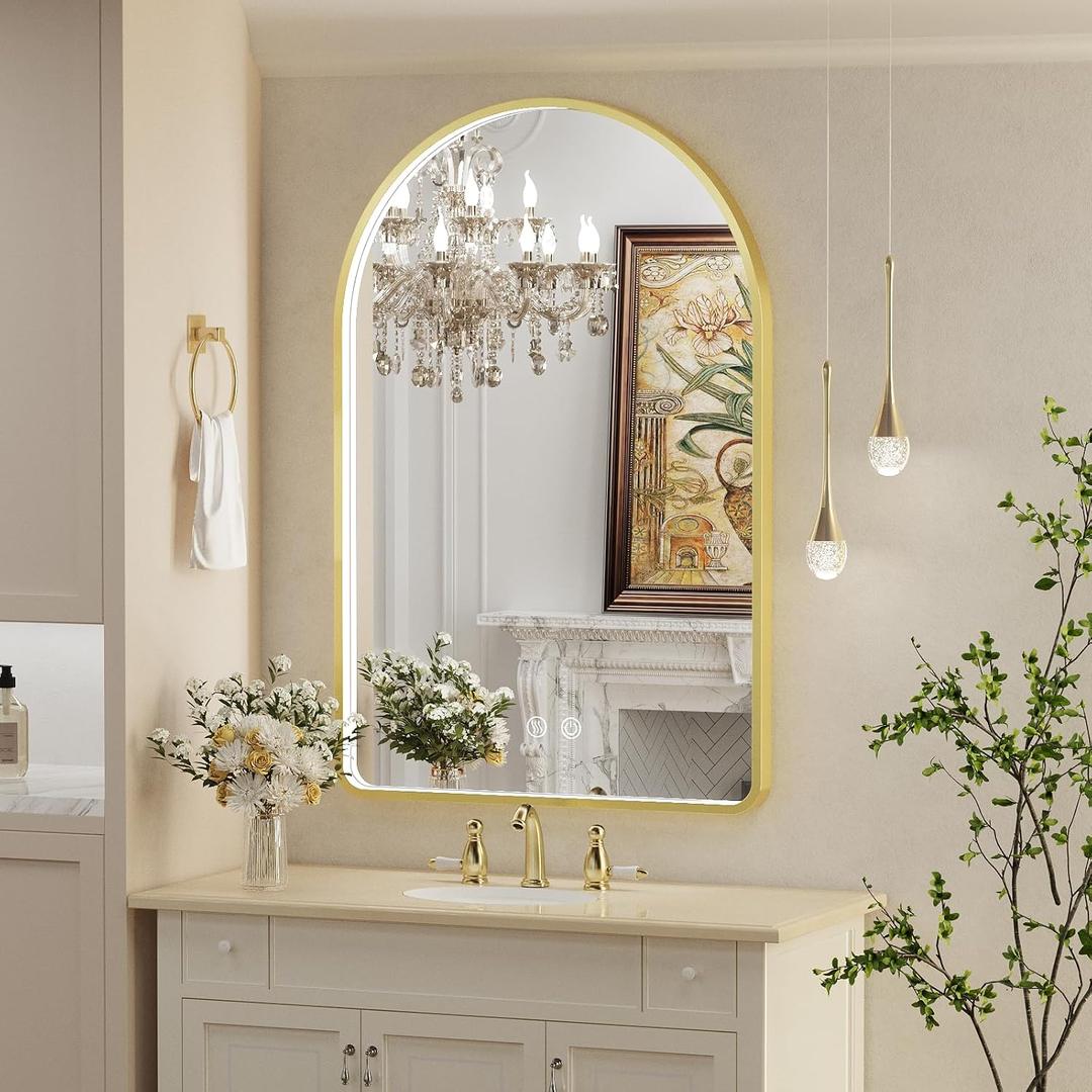 24X36 Inch Arched LED Mirror for Bathroom,3-Color Gold Framed Arched Wall Lighted Vanity Mirror with Lights, Anti-Fog, 3000K/4500K/6000K Dimmable, ETL Listed LED Driver