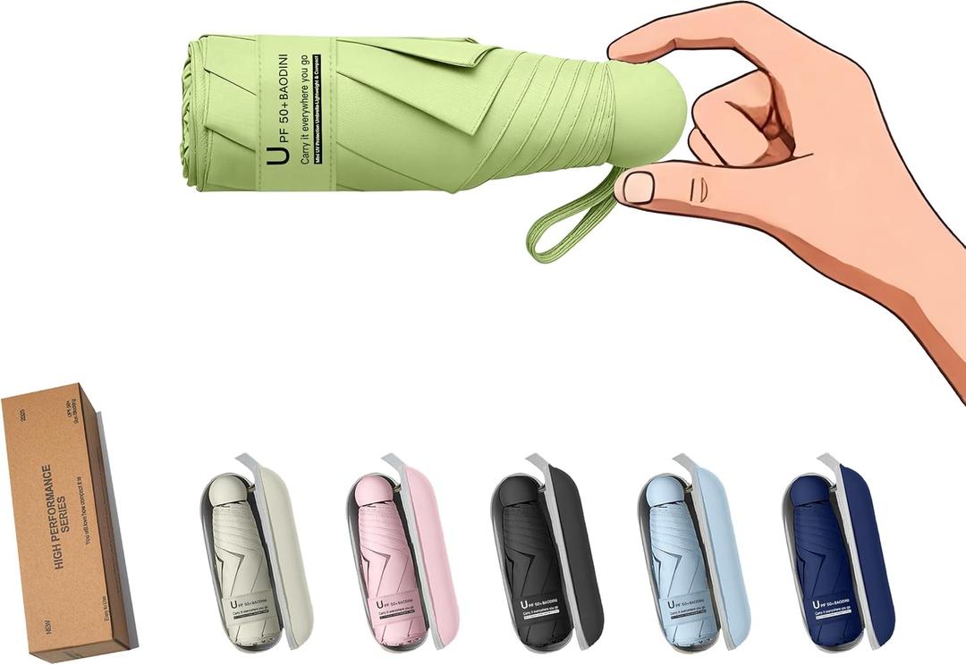 BAODINI Travel Essentials Mini Umbrella for Purse With Case Small Compact UV Sun Protection Lightweight Tiny Pocket Manual Open Close Umbrella for Women Kids and Men Fit Purse Backpack (K-1-Dark Green)