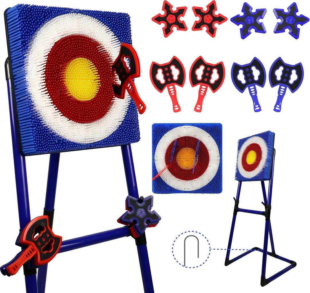 Family Axe Throwing Game for Backyard Fun | Safe Bristle Target Set with 4 Axes & 4 Darts for Kids & Adults | Lightweight & Portable for Carnival, Camping, Party and Indoor/Outdoor Games (Blue)