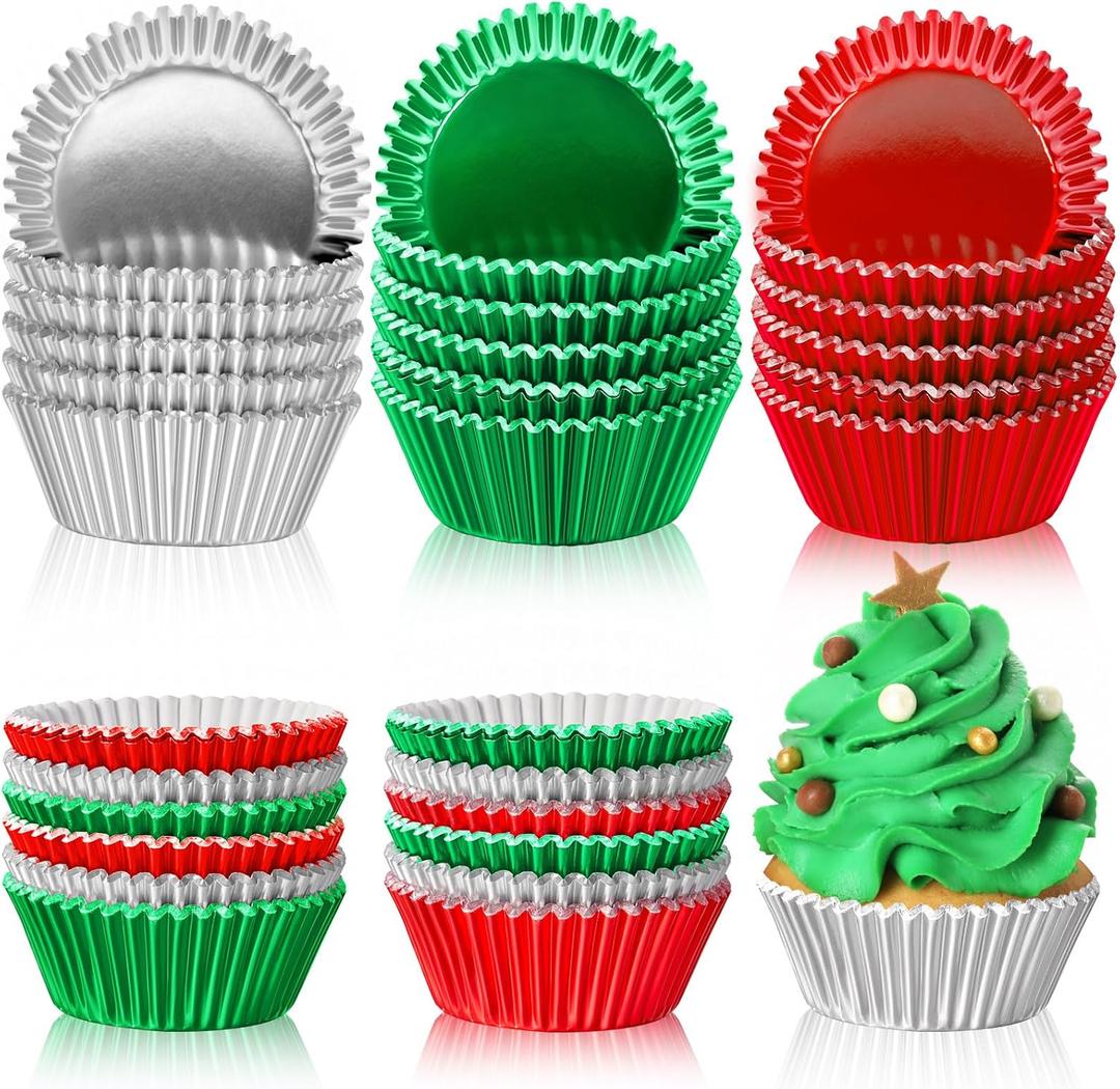 Mumufy 300 Count Christmas Foil Cupcake Liners 2 Inch Cupcake Wrappers Paper Bake Cup Set Foil Muffin Liners for Independence Day Christmas Party Supplies(Green, Red, Sliver)