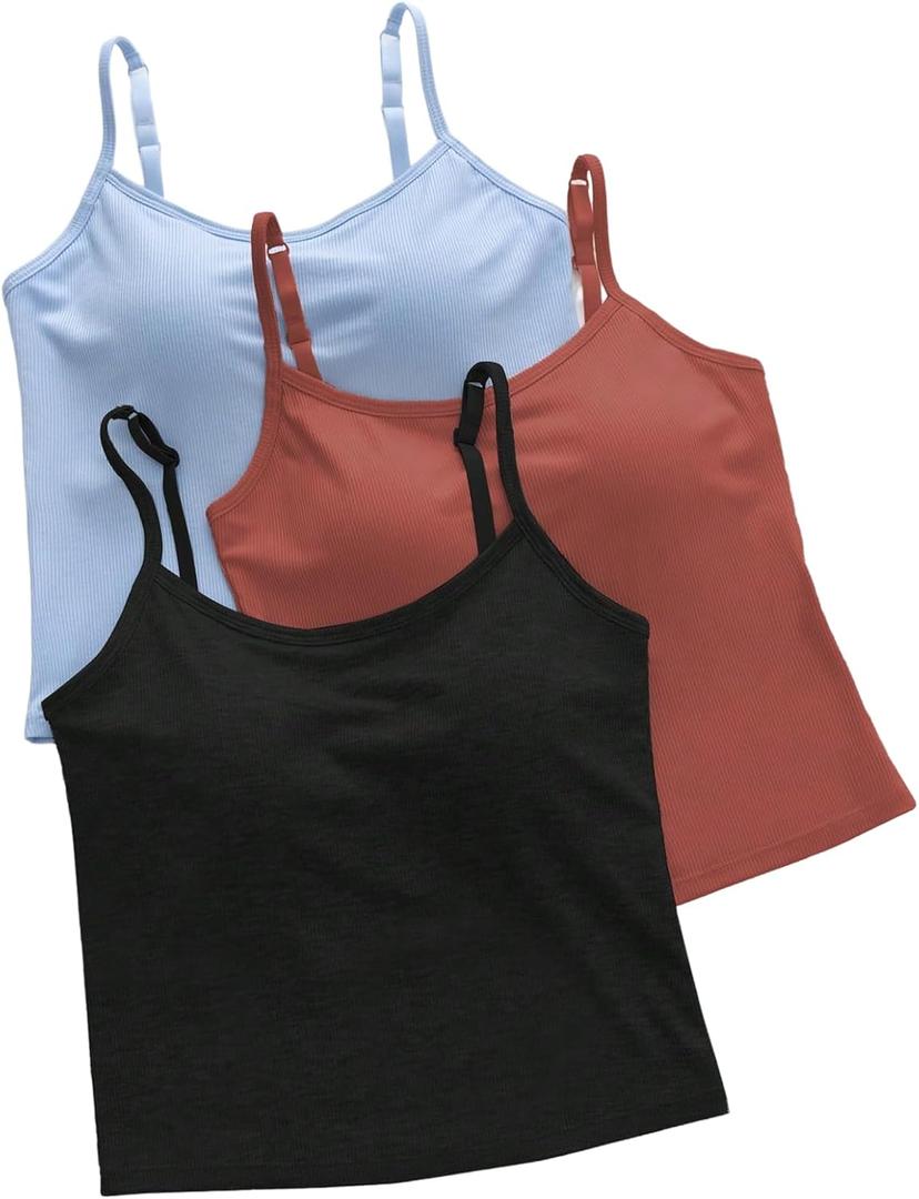 WDIRARA Women's 3 Pack Cami Crop Top Built in Bra Spaghetti Strap Camisole Tops (X-Large, Blue Red Black)