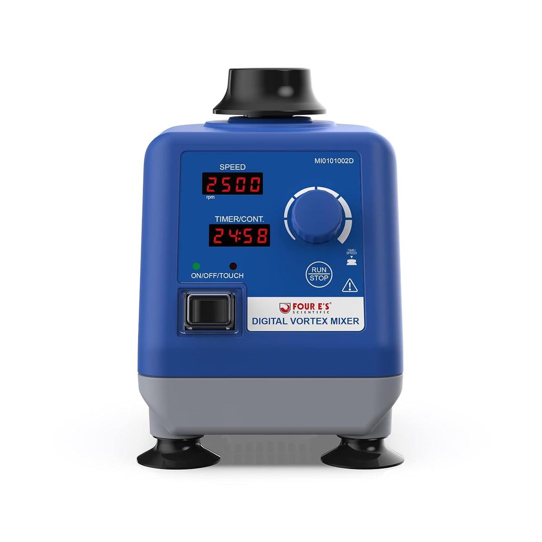 FOUR E'S SCIENTIFIC LED Digital Vortex Mixer Speed 0-3000rpm, Orbital Diameter 6mm, 50/60Hz, Touch, Timer and Continuous Modes, Mix 50ml Containers Within 3 Seconds - Benchtop for Laboratory