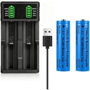 3.7 USB Battery Charger with 2 Pack 3,7 2200mAh Button Top Battery Ni-MH, 2 Bay LCD Display Smart Universal USB Battery Chargers for Flashlights,Headlamps,Doorbells,RC Cars,Outdoor Garden Lights,etc