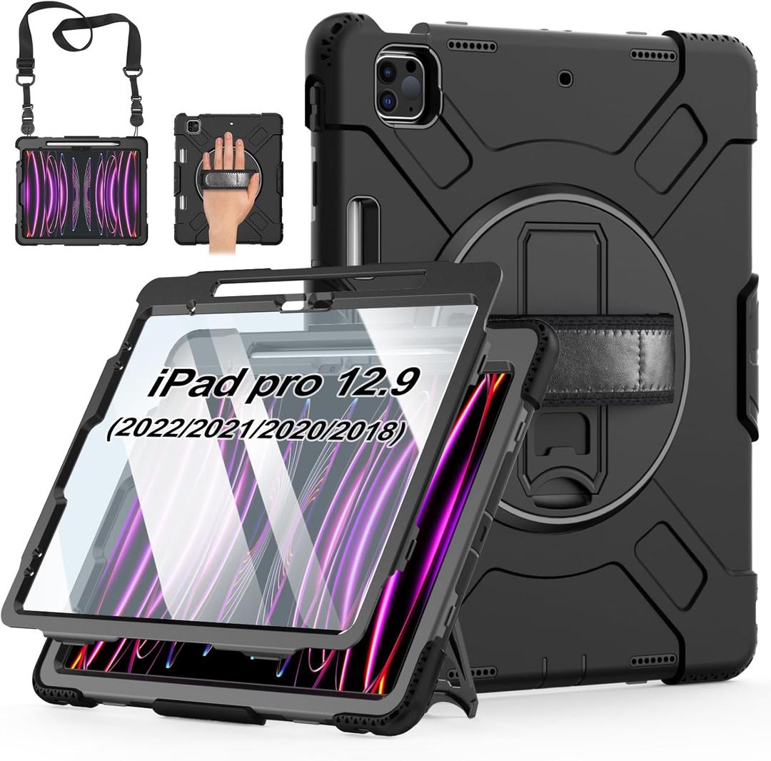 Case for iPad Pro 12.9 2022/2021/ 2020/2018: Cover for iPad Pro 12.9 6th/ 5th/ 4th/ 3rd Generation with Screen Protector- Stand- Pencil Holder- Handle- Shoulder Strap Black