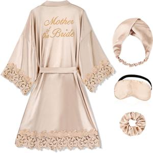 EPLAZA Bride Robe for Wedding Day Set Bridal Robe Lace Trim Silky Embroidery Satin Kimono for Bridal Party (Small-Medium, Champagne)