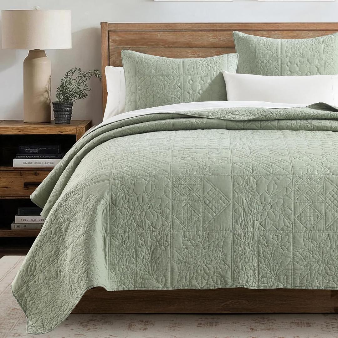 HORIMOTE HOME 100% Cotton Quilt Patchwork Twin Size, Sage Green Farmhouse Cotton Bedspread Coverlet, Pre-Washed Soft Breathable Lightweight All Season Bedding Set with 1 Pillowcase