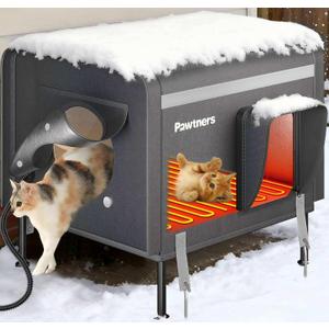 Pawtners Heated Cat House for Outside, Outdoor Insulated Kitty Shelter with Heated Pad and Escape Door, Warm Cat House Covered with Waterproof 900D Oxford Cloth for Feral Stray Cats in Winter
