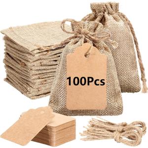 100 Pcs Burlap Bags with Gift Tags and String 3.5 x 5 Inch Small Burlap Sacks Drawstring Bags Reusable Linen Jewelry Pouches for Christmas Wedding Party Favor Gift Wrapping Bulk