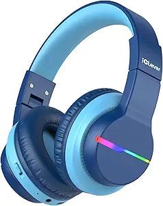 iClever BTH12 Kids Bluetooth Headphones,Colorful LED Lights Kids Headphones Wireless,74/85dBA Safe Volume,85H Playtime,Fast Charging,Bluetooth 5.2,Over Ear,Builtin Mic for iPad/Tablet/Airplane,Blue