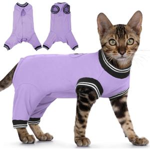 PUMYPOREITY Cat Recovery Suit for Hind Legs, Cat Surgical Spay Suit with Leg Sleeves to Stop Licking, Long Rear Sleeve Wound Cover Abdomen Kitten Onesie, Purple, L