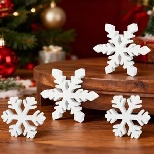 Wooden Snowflake Decorations for Table 4 PCS, Winter Wonderland Decor for Home Indoor Tiered Tray, Christmas Sign for Mantel Office Fireplace Bedroom, Holiday White Centerpiece for Kitchen House Desk
