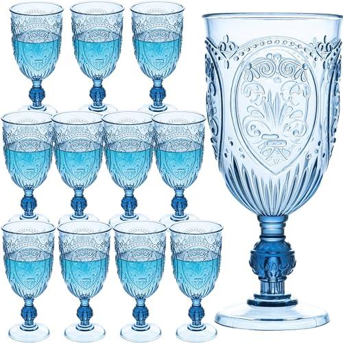 JLYLOL Plastic Wine Glasses 12Pcs Plastic Goblets 7.5oz Colored Retro Embossed Glassware Vintage Stemmed Drinking Cup Reusable Water Goblets for Wedding Reception Grand Event Party Bar,Whiskey (Blue)