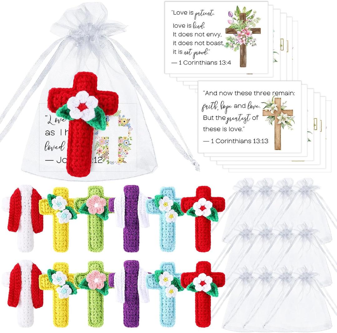 12 Sets Collectible Dolls Bulk Handmade Crochet Cross with Bible Prayer Cards for Women Church Religious Birthday Wedding Baptism Party Favors Stocking Stuffers Home Decor Gifts
