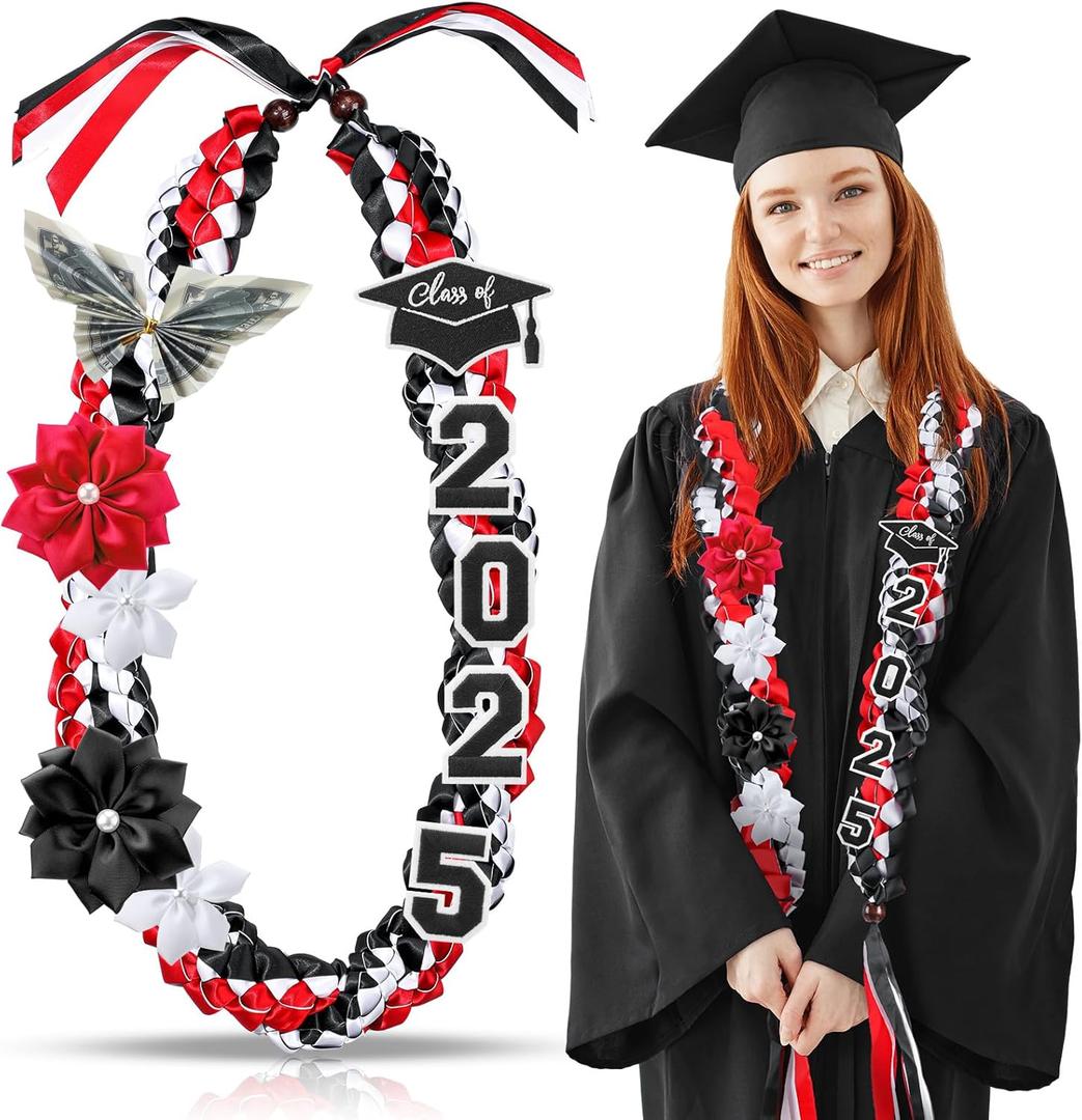 Lyrow 50'' Class of 2025 Graduation Lei Double Braided Necklace Graduation Ribbon Leis with 4 Satin Flowers Congrats Graduates Money Leis Graduate Gift for Men Women (Black)