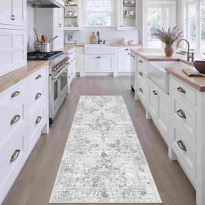 HUGEAR Washable Hallway 2x6 Runner Rugs Retro Grey Vintage Distressed Non Slip Stain Resistant Low Pile Neutral Throw Carpet for Bedside Kitchen Entryway Home Decor