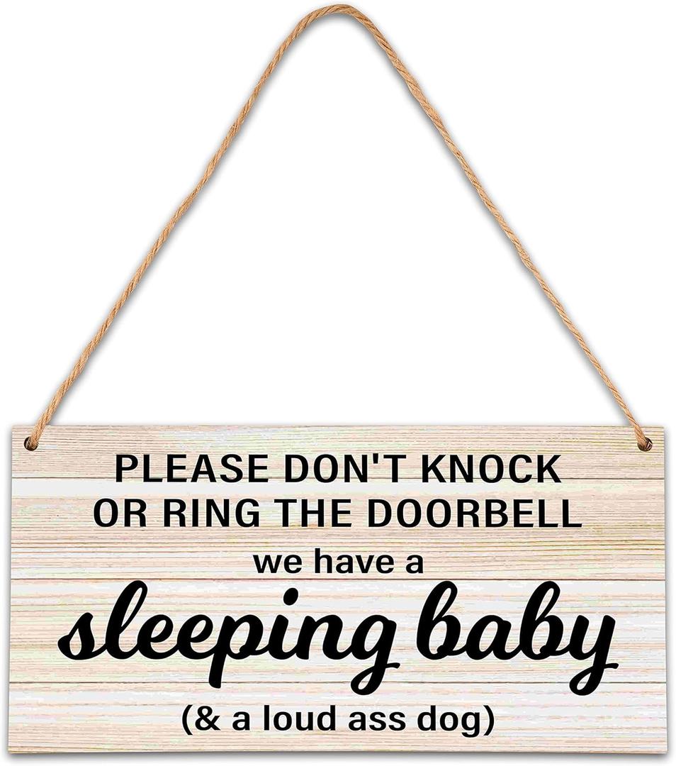 B06 Baby Sleeping Sign - Do Not Knock Or Ring Doorbell, Rustic Hanging Sign For Front Door, Nursery Home Bedroom