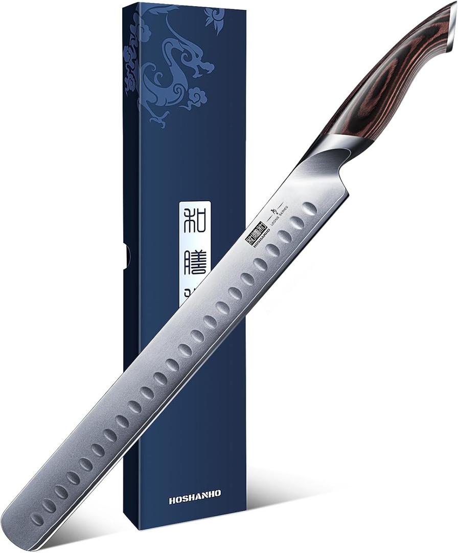 HOSHANHO Carving Knife 12 Inch, Japanese High Carbon Steel Slicing Knife with Ergonomic Pakkawood Handle, Razor Sharp Brisket Knives for Meat Cutting, BBQ, Turkey (11.6")
