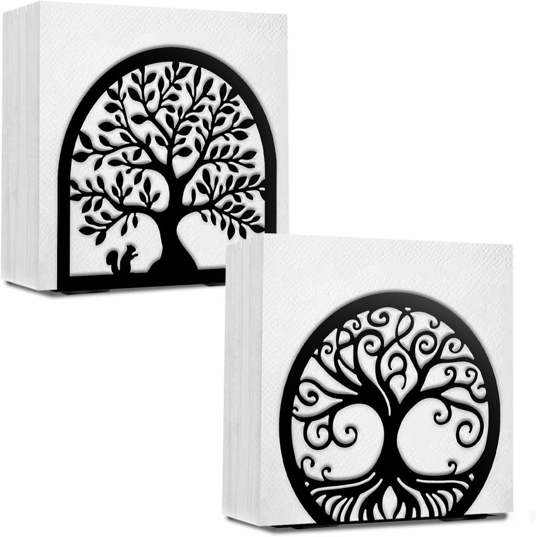 2PCS Black Metal Napkin Holder for Table, Farmhouse Paper Napkin Holder Tree of Life Design, Tissue Dispenser for Home Modern Kitchen & Dining Room Table Decor Accessories