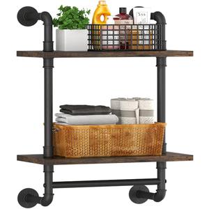 Helsin Industrial Pipe Floating Bathroom Shelves Wall Mounted with Towel bar, 2 Tier Rustic Wood Wall Shelf, 16inch Metal Towel Rack Storage Bookshelf for Bathroom, Kitchen, Farmhouse, Living Room (Brown)