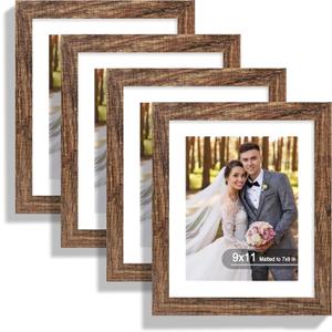 9x11 Picture Frame Set of 4, Made of Real Glass and Rustic Brown Frame - Display Picture 7x9 with Mat or 9x11 Without Mat, 9 by 11 Photo for Wall or Tabletop