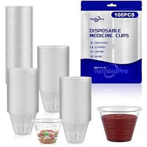 ReliMedPro Disposable Medicine Cups Graduated, Bulk Pack of 100, 1 oz (30ml) Small Plastic Measuring Cup for Liquid Medication, Paint, epoxy, Pill and Resin.